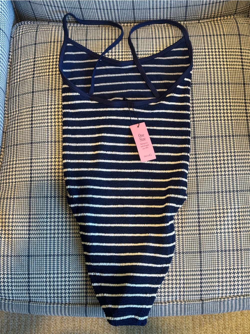 Hunza G Pamela Navy & White Striped Knit One-Piece Swimsuit - Picture 5 of 9